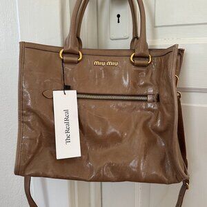 MIU MIU Vitello Leather Shine Zip Tote in Beige; 100% authentic